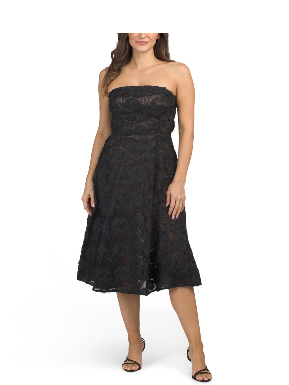 XSCAPE - Strapless Embroidered Lace Midi Dress